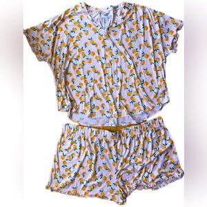 Roudelain- Orange Clementine Peach Fruit Ruffle Pajama Set V Neck Shorts Plus 4X